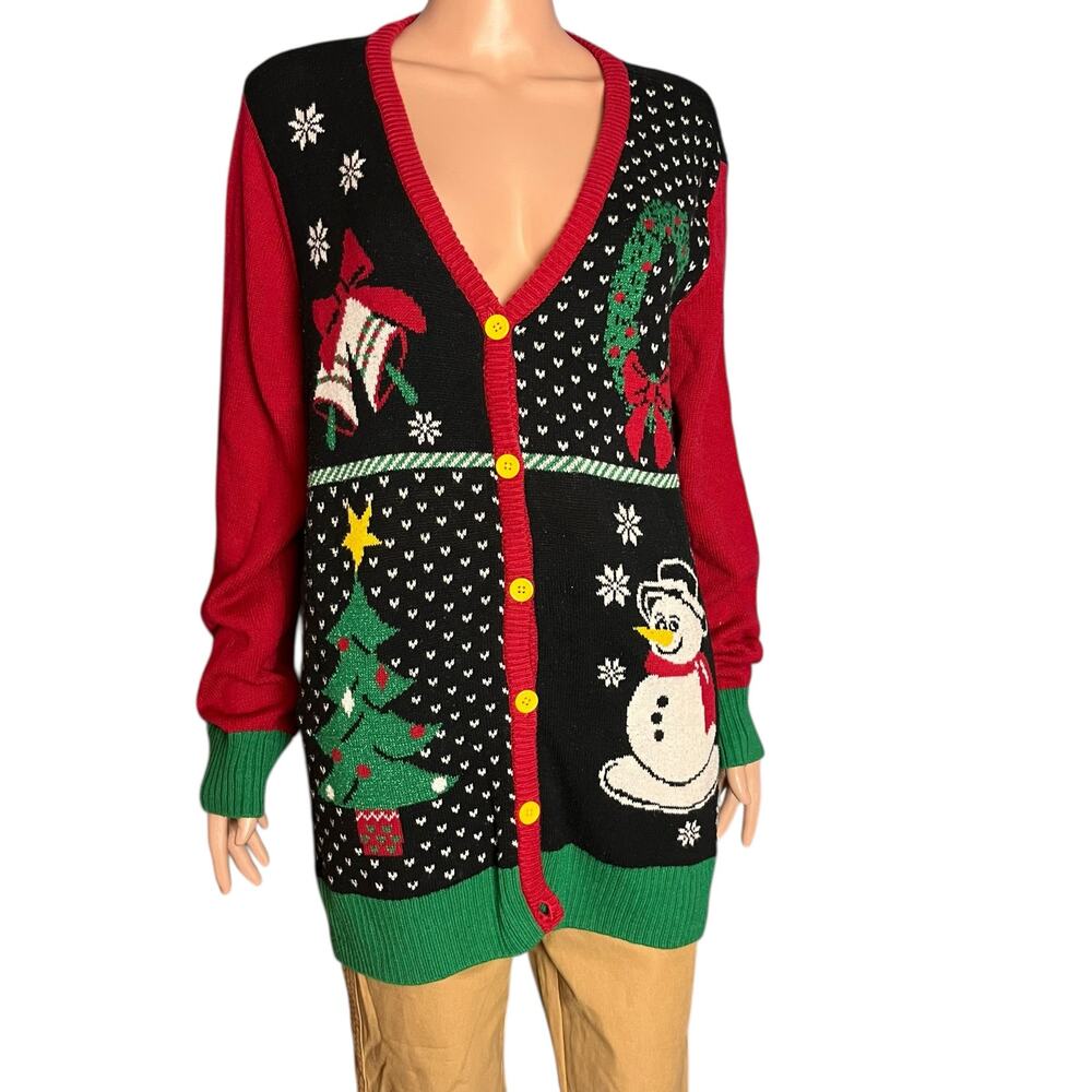 Ugly Christmas Cardigan Sweater 1X Snowman Wreath Bells Tree Holiday Xmas